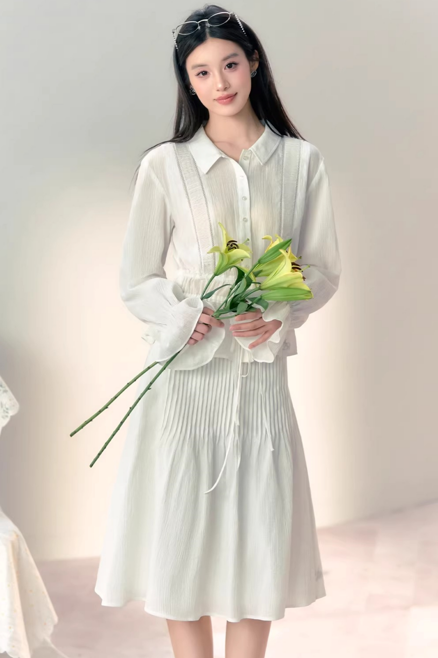 Completo Blusa in Cotone Pieghettato a Mano