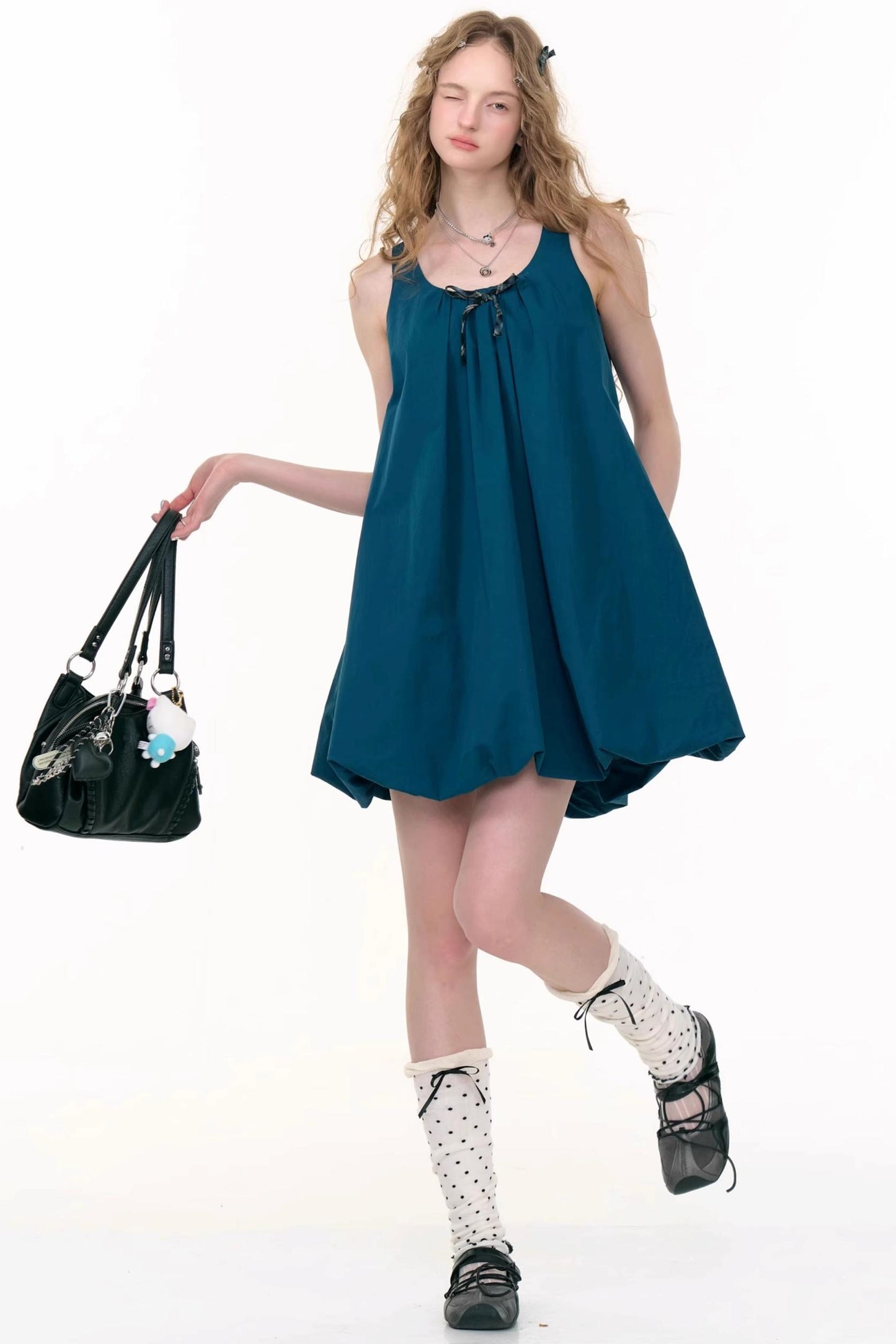 Summer Bow Dark Blue Sleeveless Dress