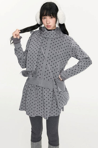 Polka Dot Hooded Knit Sweater Skirt Set-Up