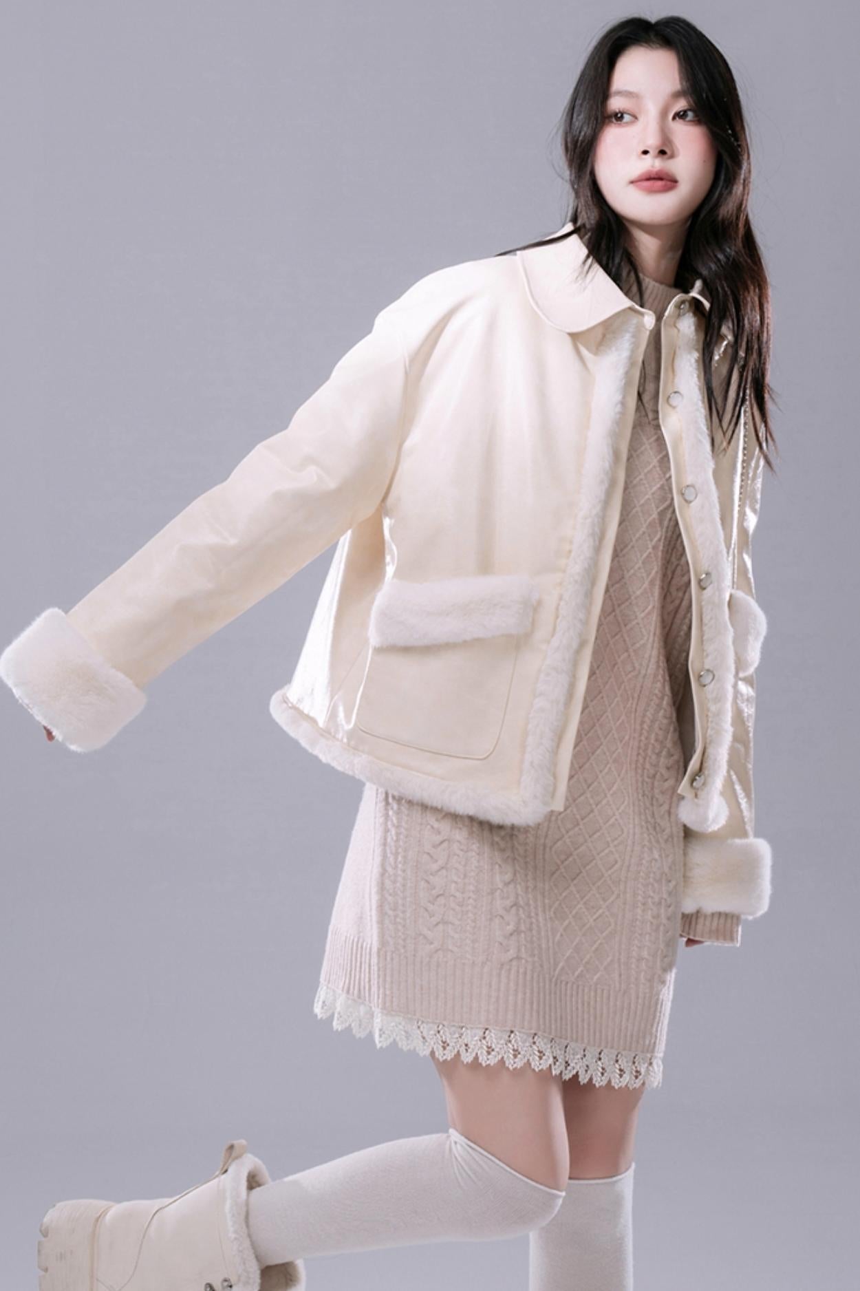 COTRE oak cream wool panelled leather coat