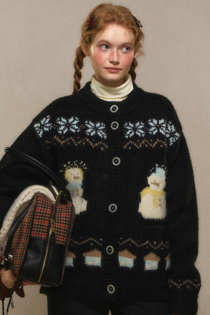 Vintage Snowman Jacquard Knit Cardigan