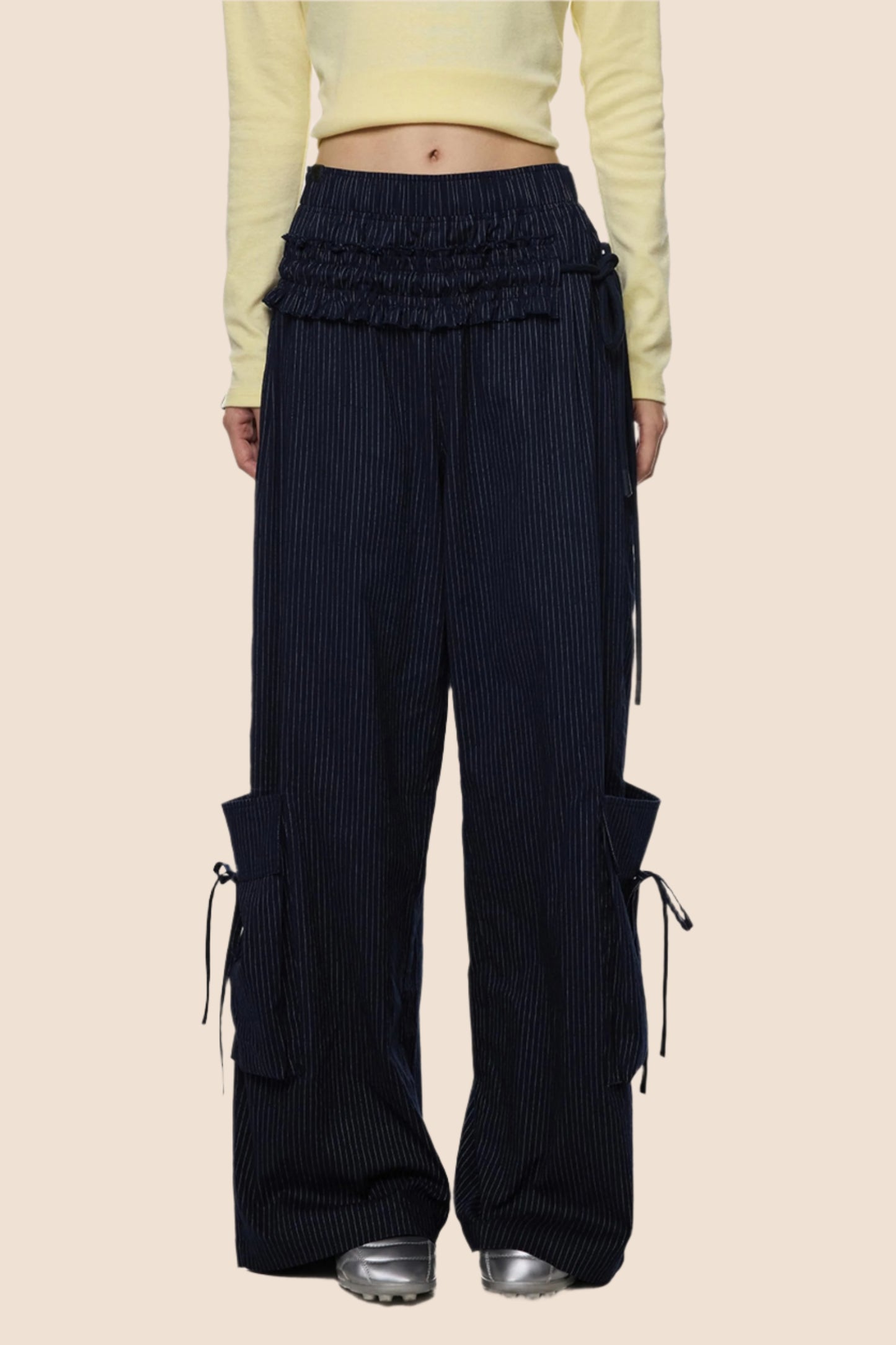 Pantalon large rayé en dentelle