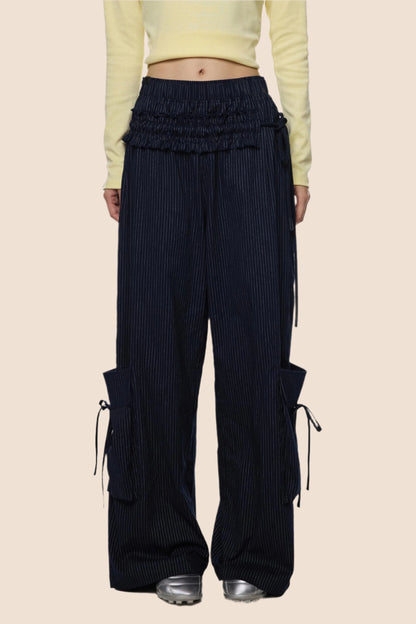 Pantalon large rayé en dentelle