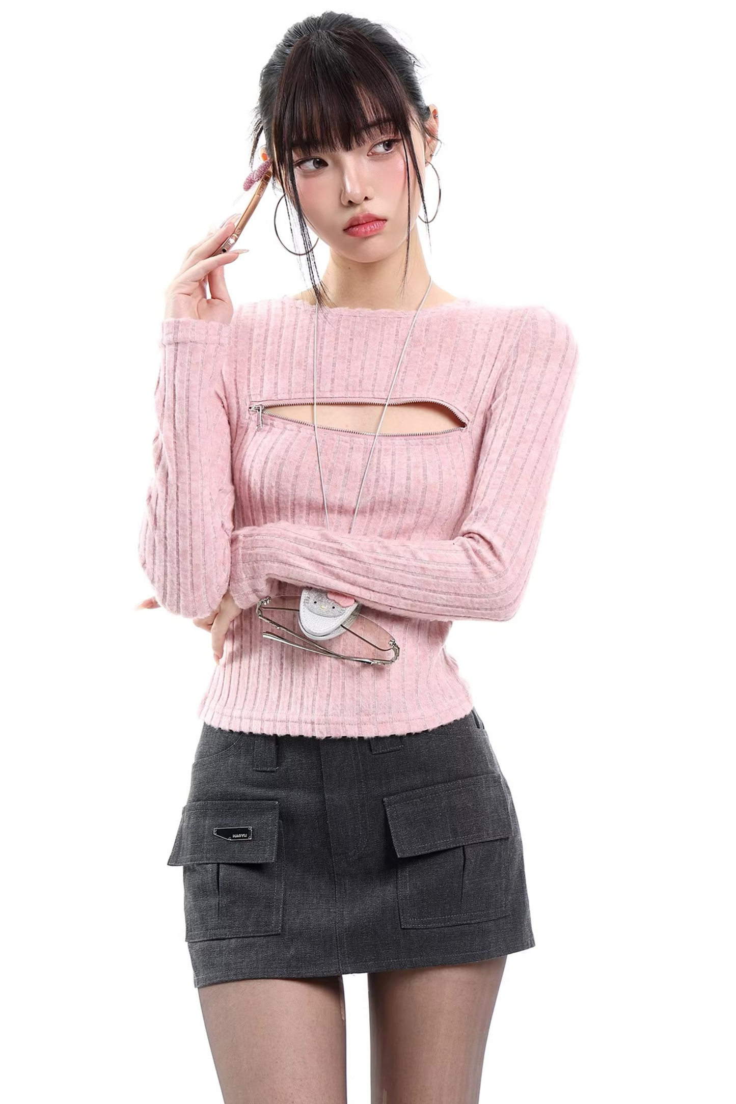 Gray Cut Out Knit Top