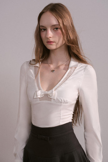 Bow V-Neck Long Sleeve Shirt Set-Up