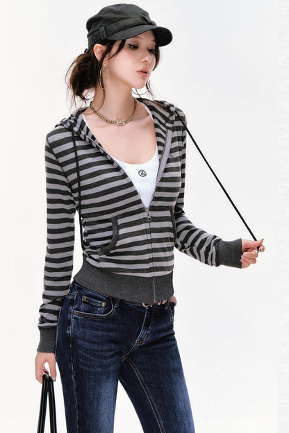 Contrasting Striped Vintage Hooded Cardigan