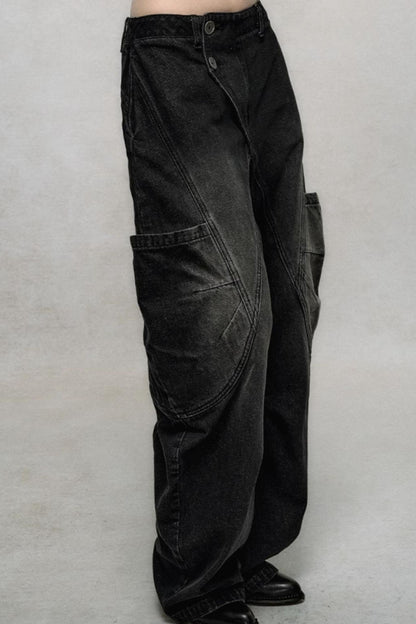 Diagonal Placket Cargo Jeans Pants