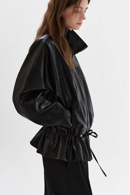 Black Leather Drawstring Jacket