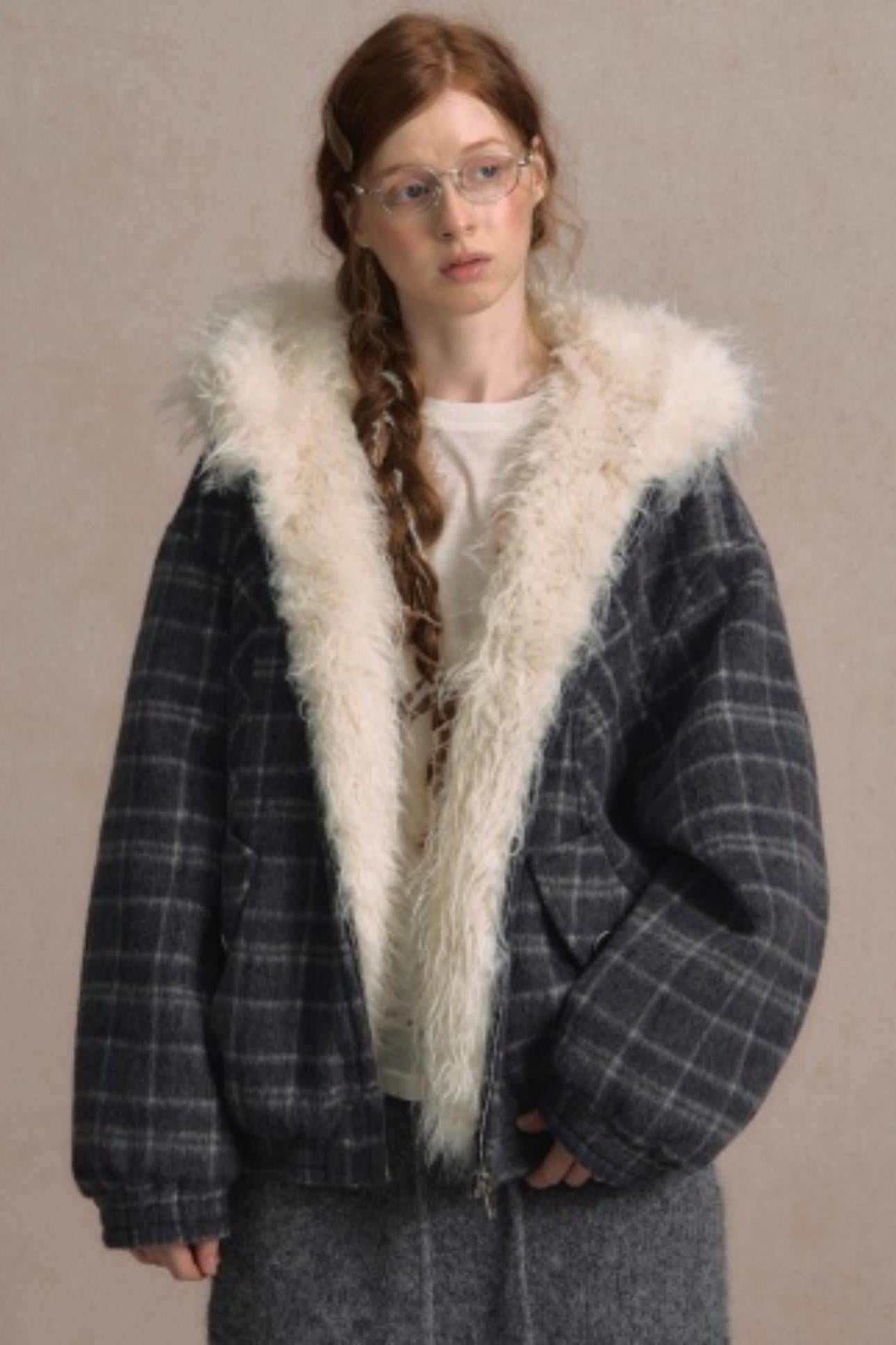 Elk Fur Collar Plaid Woolen Jacket