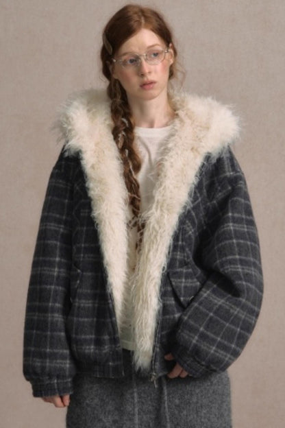 Elk Fur Collar Plaid Woolen Jacket