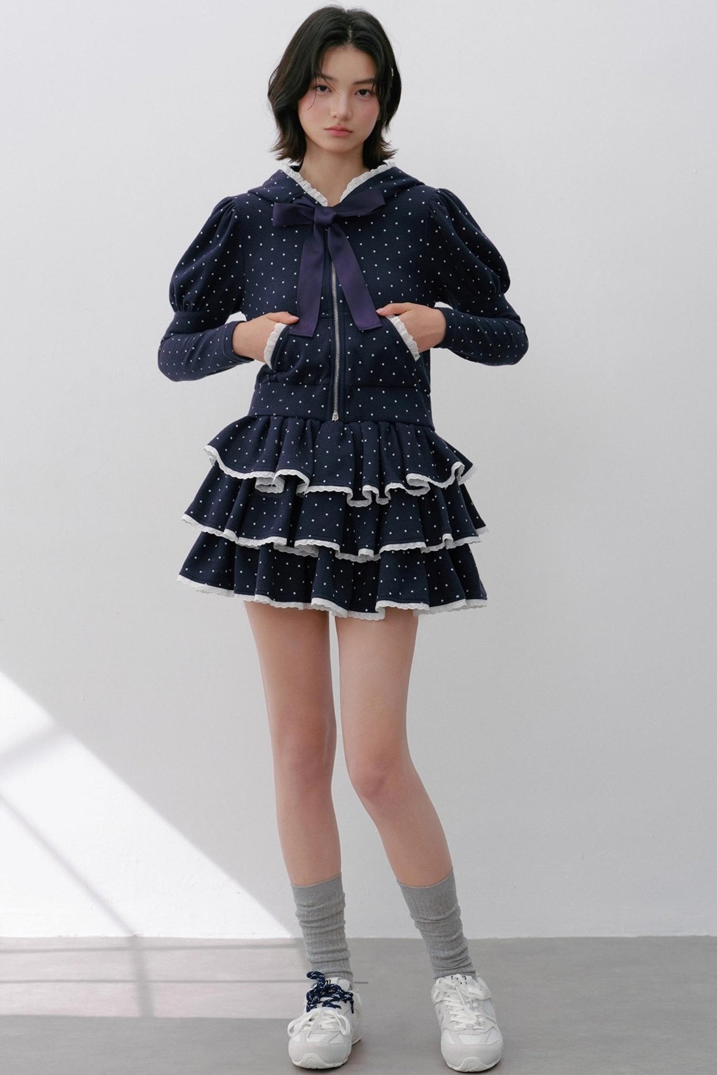 Hooded Polka Dot Tracksuit Skirt Set-Up