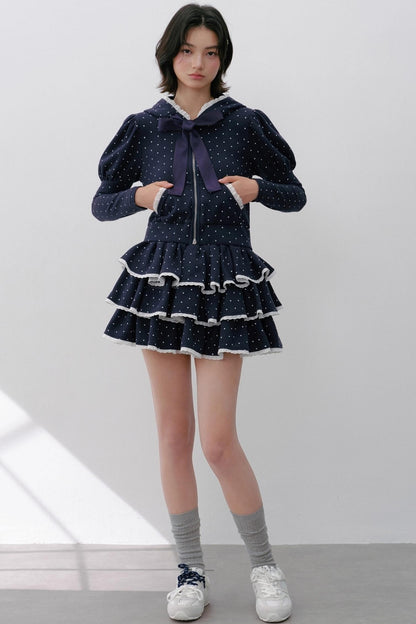 Hooded Polka Dot Tracksuit Skirt Set-Up