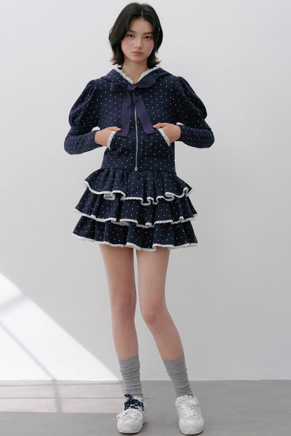 Hooded Polka Dot Tracksuit Skirt Set-Up