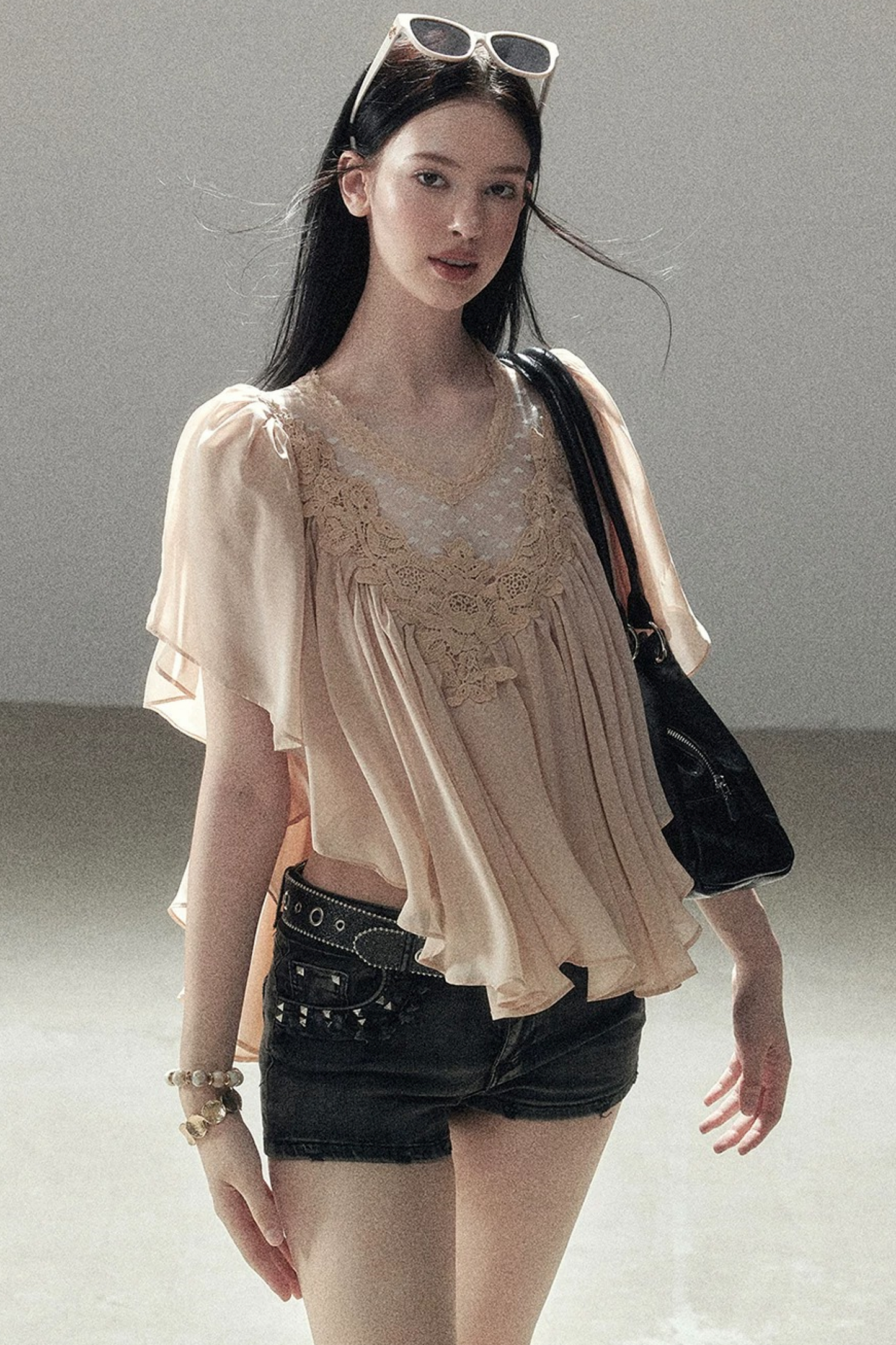 Lace Chiffon Ruffle Top