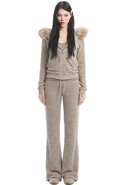 Retro Striped Fur Hooded Jacket Set-Up