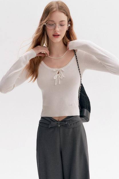 Wool Blend Bow Wide-Leg Pants