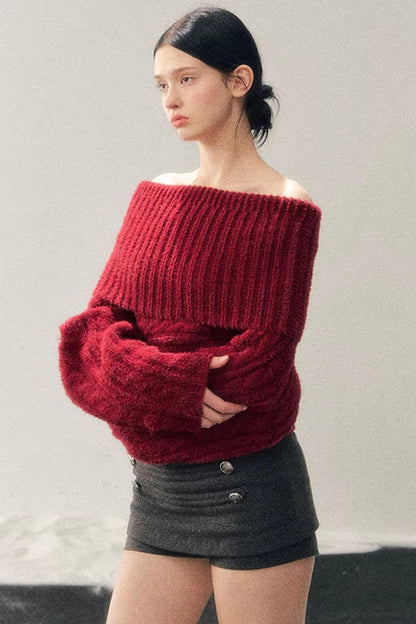 Off-Shoulder Cable Knit Sweater
