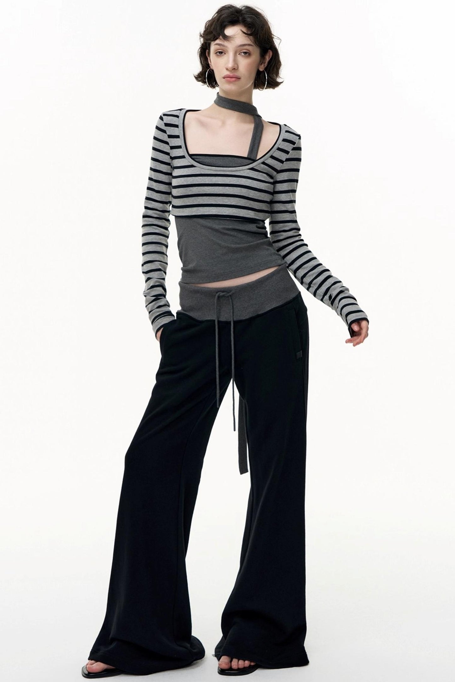 Drawstring Cotton Flared Sweatshirt Slacks