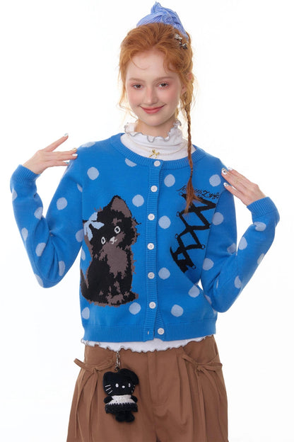 Blue Cat Polka Dot Knitted Cardigan