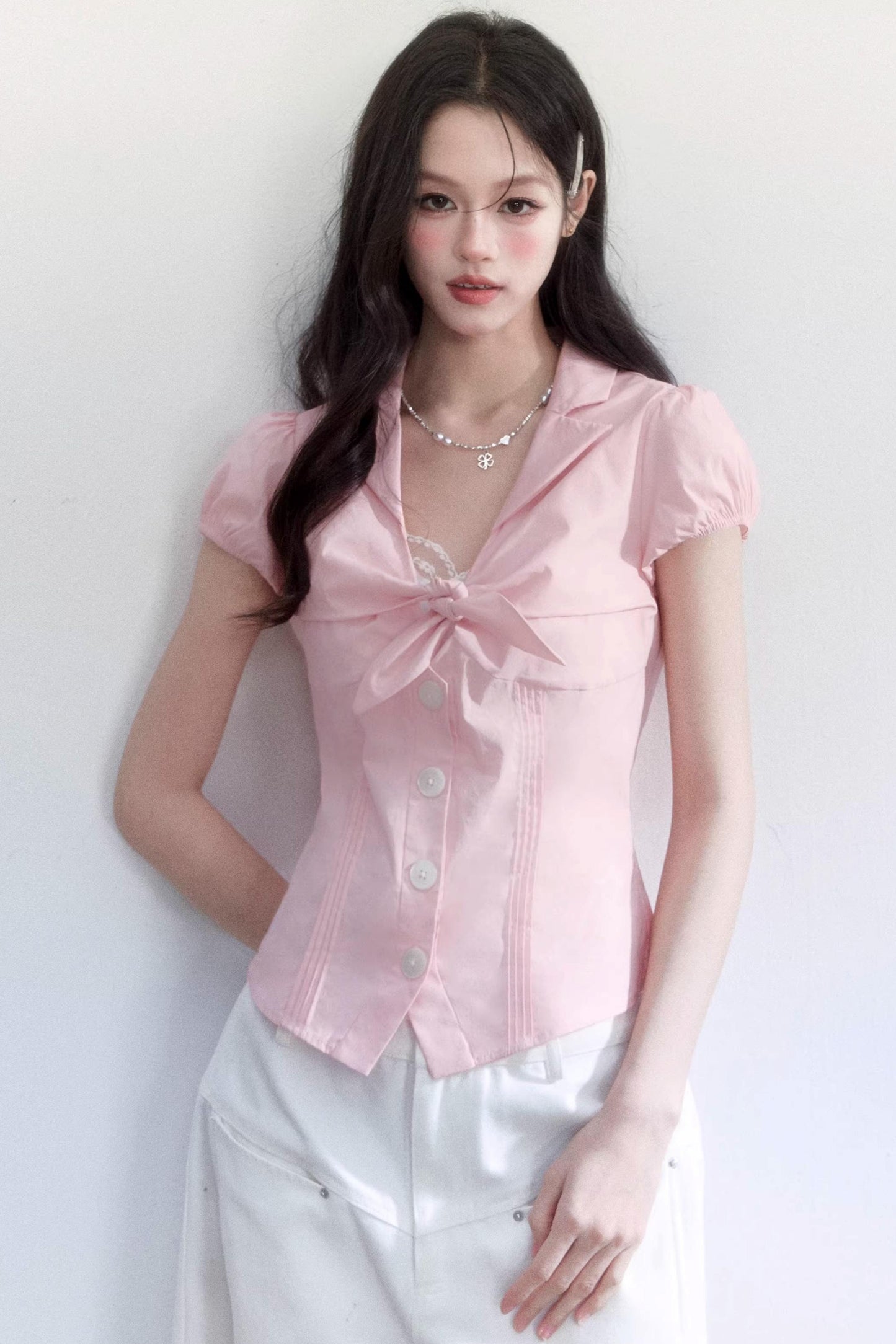 Textured Hollow-Out Tie-Up Blouse Set-Up