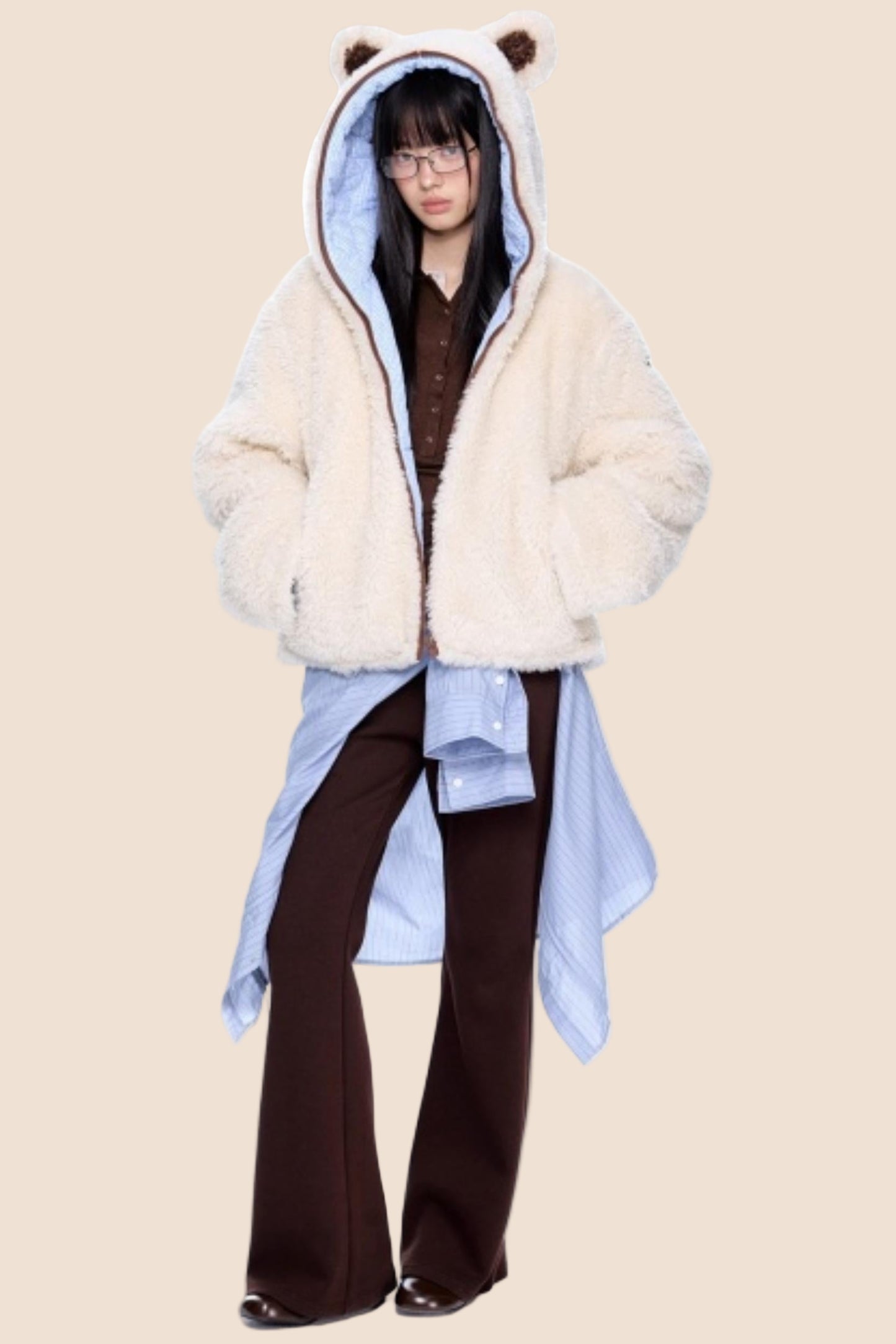 Ear-Flap Striped Faux Shearling Jacket