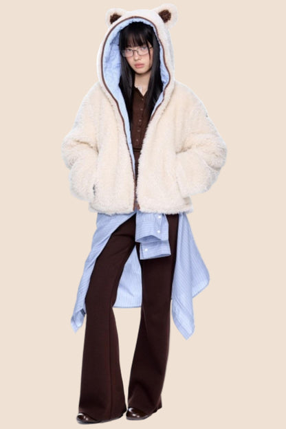 Ear-Flap Striped Faux Shearling Jacket