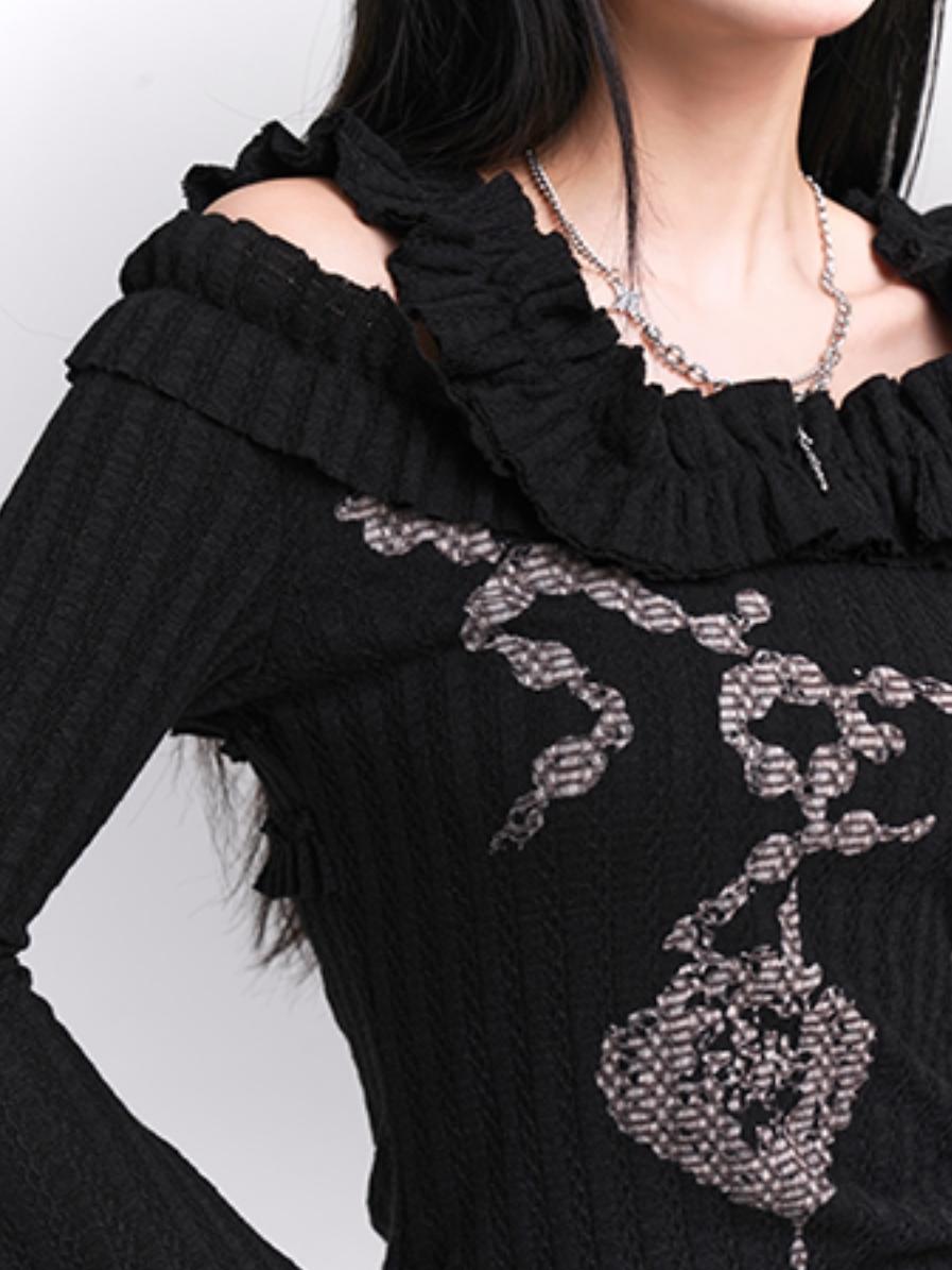 Ghost girl early autumn wear sweet and spicy chic top, black off-the-shoulder knit top, women's long sleeves, beautiful one-shoulder