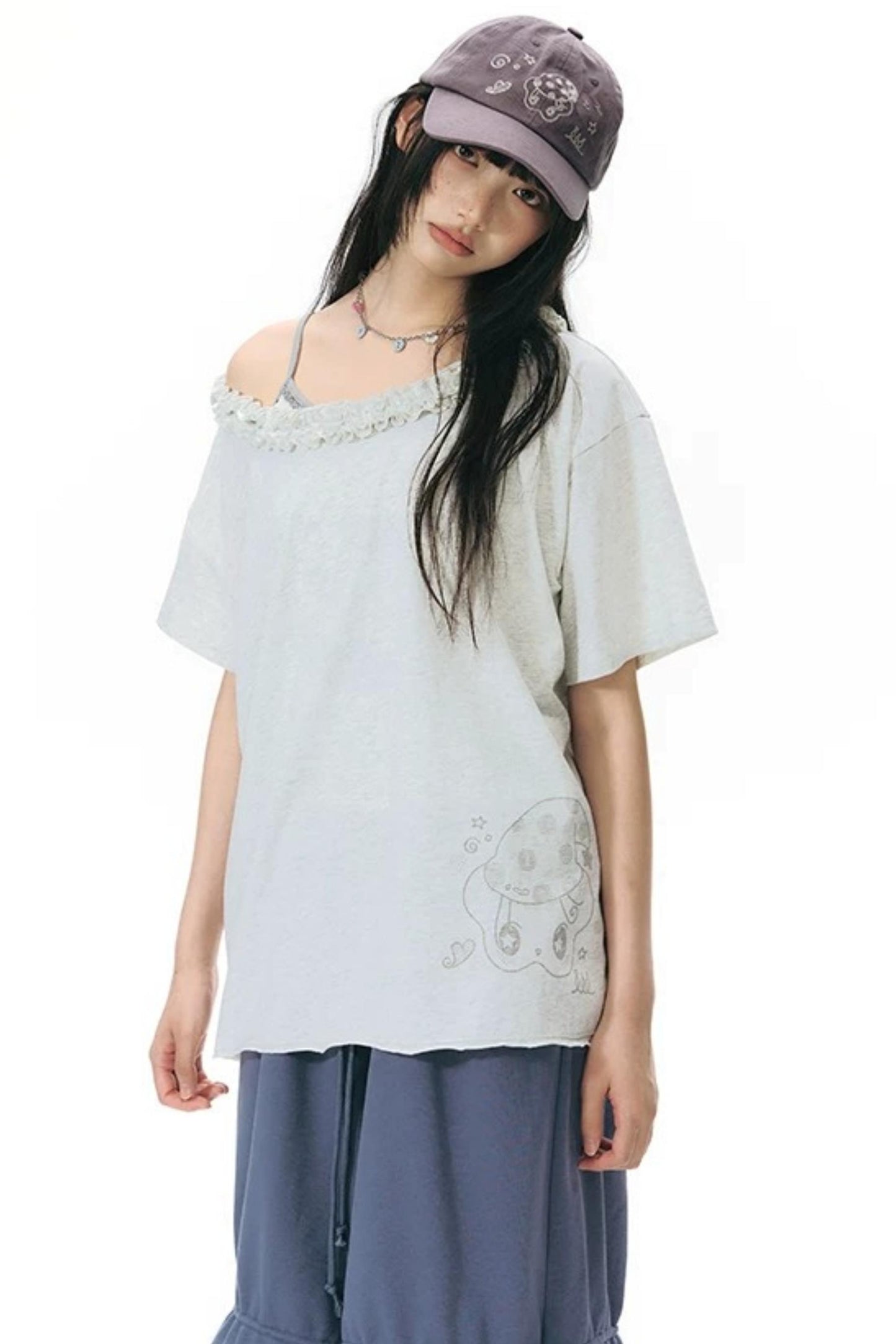 Starwii Printed Ruffled Asymmetrical Shoulder T-Shirt