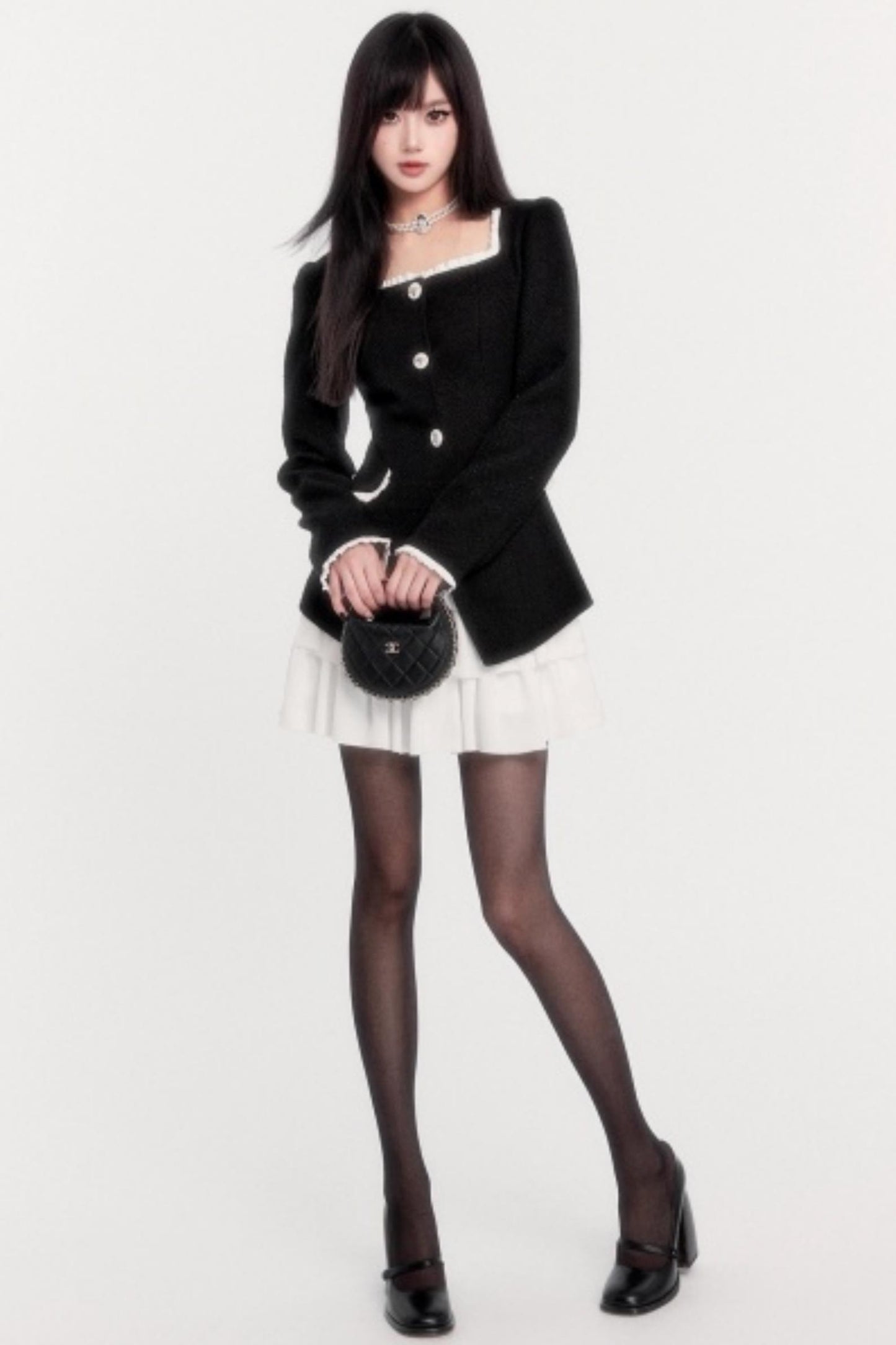 Retro Tweed Waist Jacket Dress Set-Up