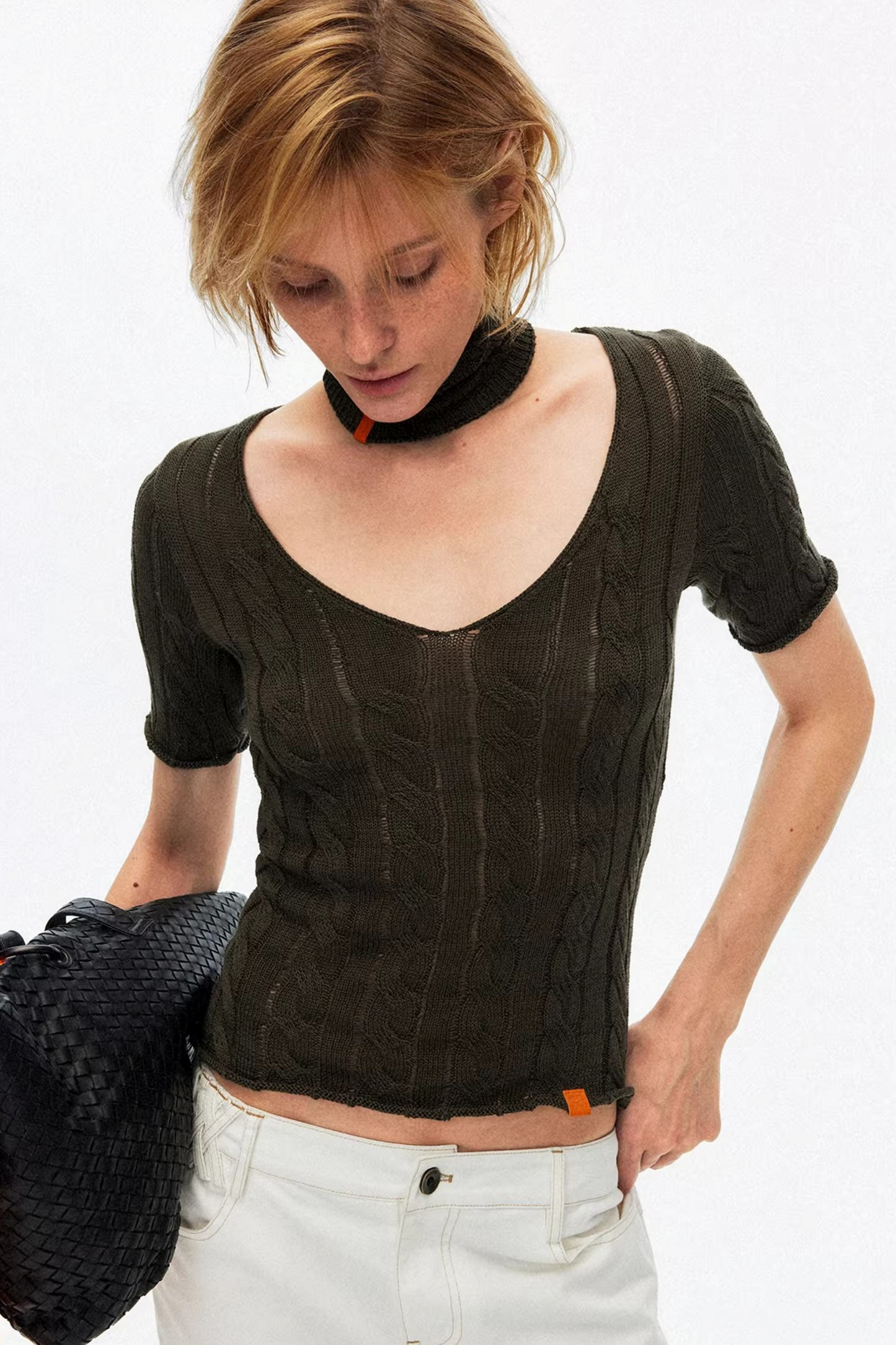 Hollow-Out Knit V-Neck Top