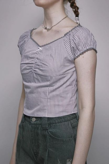 Nap Plaid Puff Sleeve Crop Top