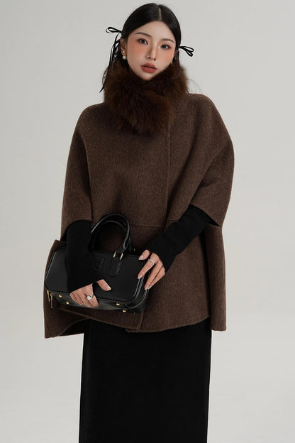 Elegant Fox Fur Wool Cape Coat