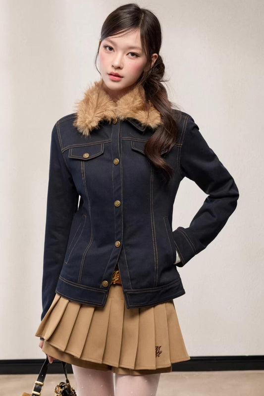 Fur Collar Patchwork Denim Jacket