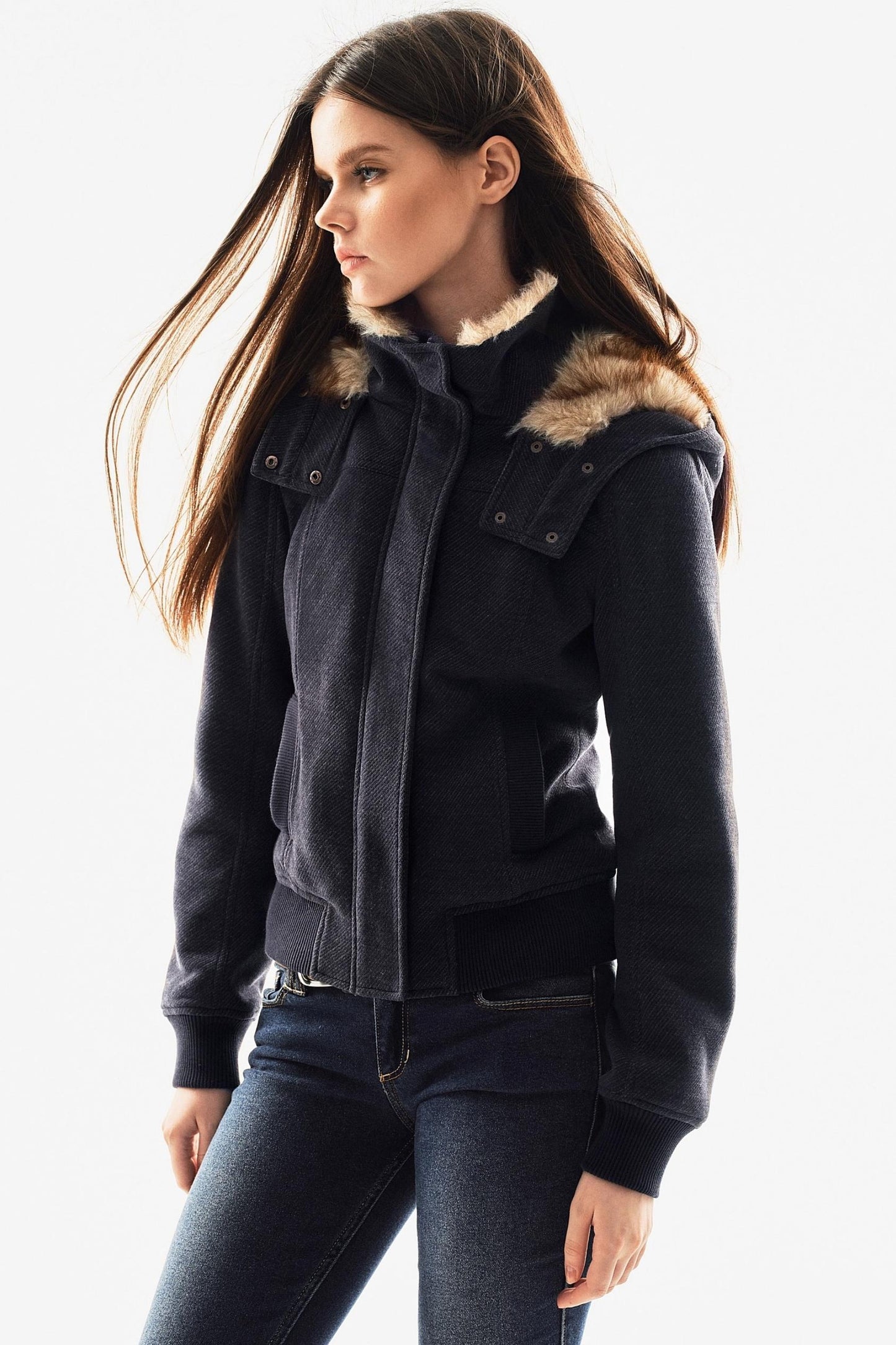 Fur Collar Textured Hooded Jacket