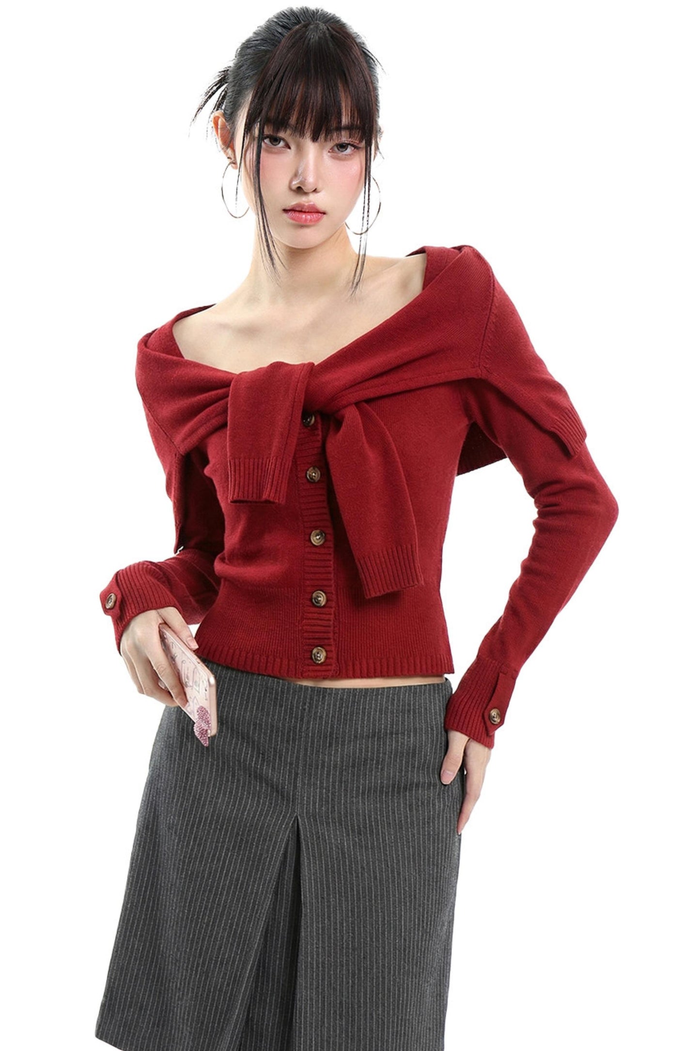 Imitation Shawl Tie Sweater Set