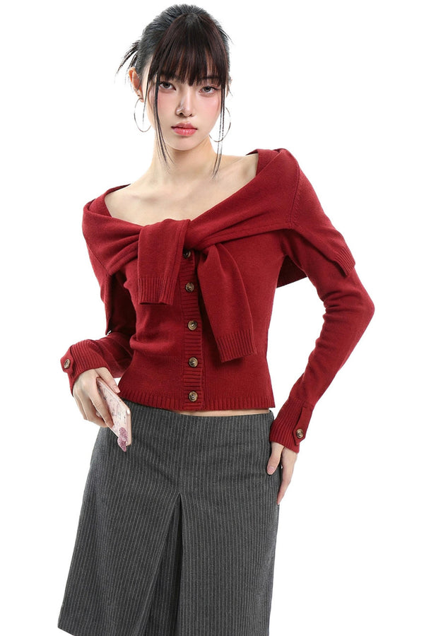 Imitation Shawl Tie Sweater Set