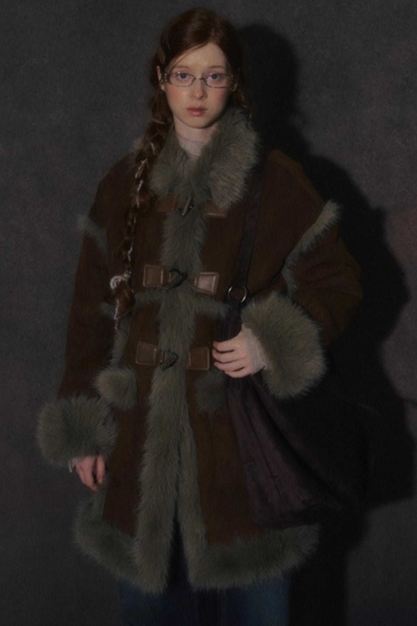 Integrated Fur Collar Horn Button Jacket