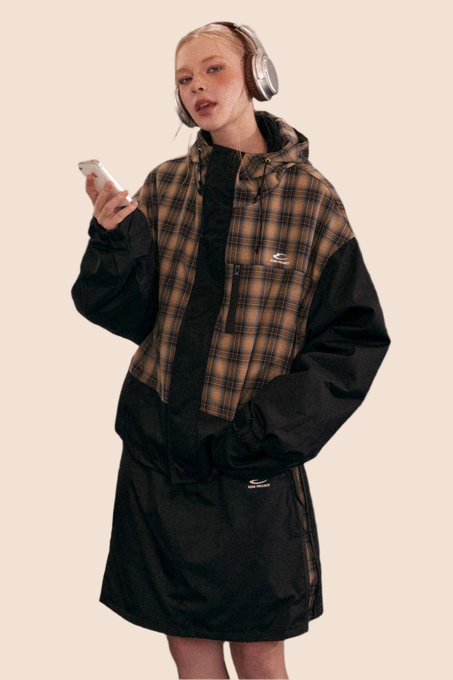 Retro Plaid Stitching Hooded Jacket Set-UP