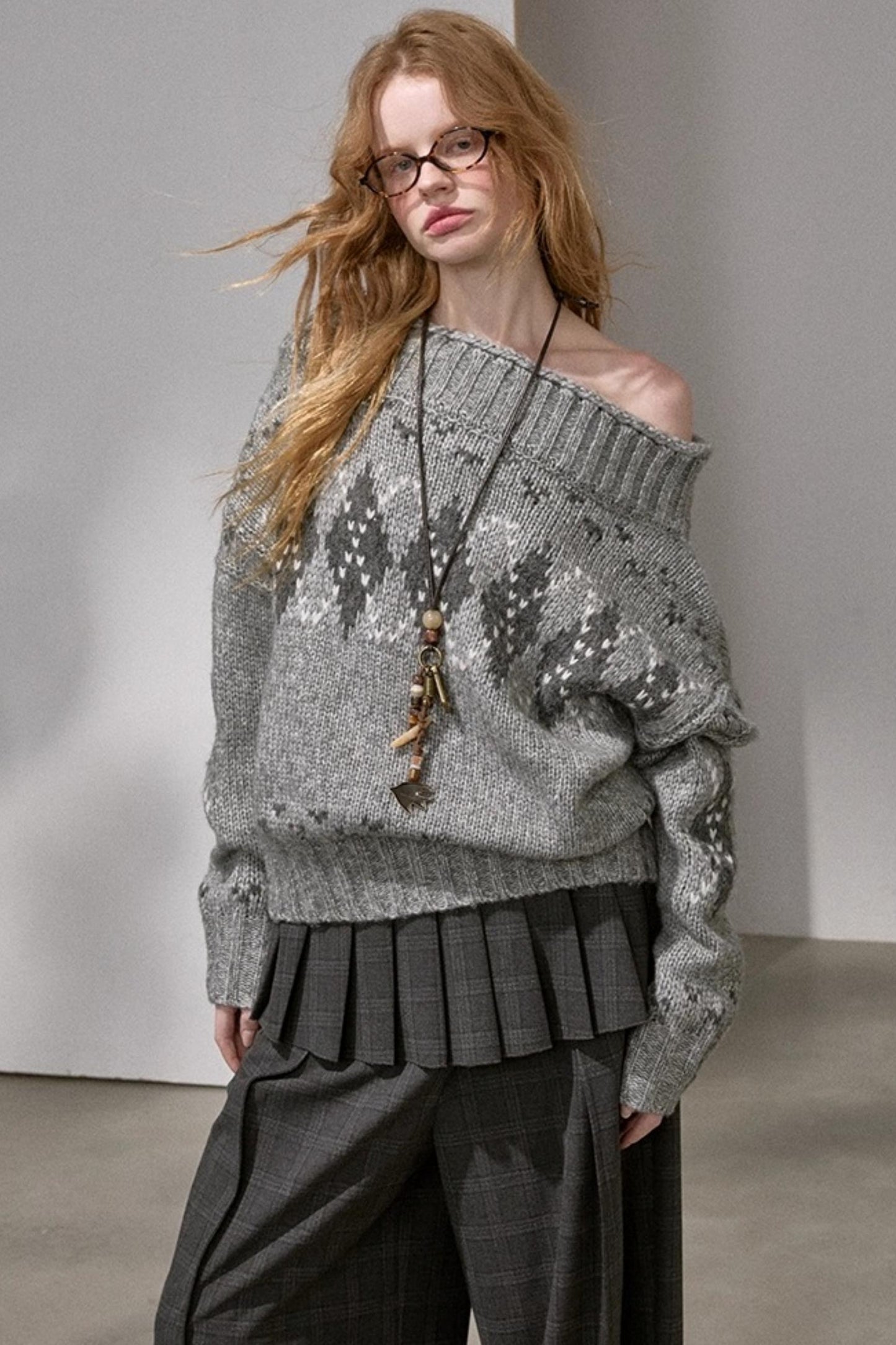 Thick Knit Argyle Off-Shoulder Sweater