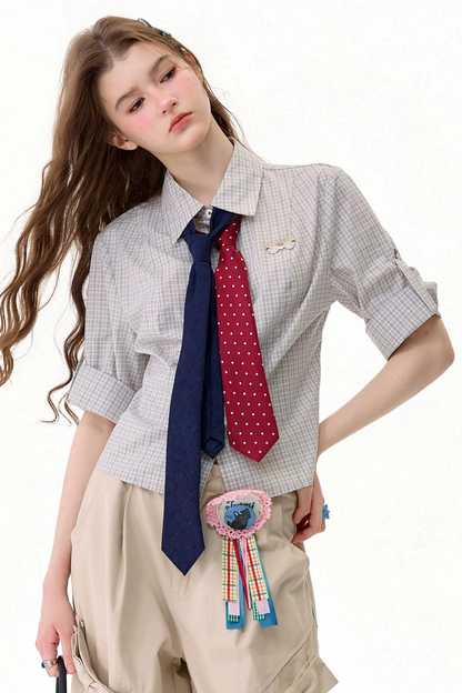 Camicia a maniche corte a quadri grigio chiaro