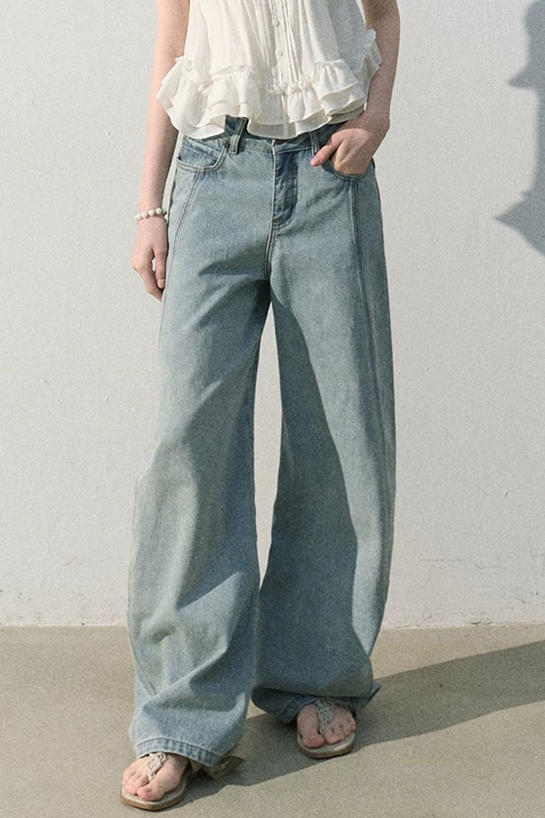 Vintage Distressed Cotton Wide-Leg Pants