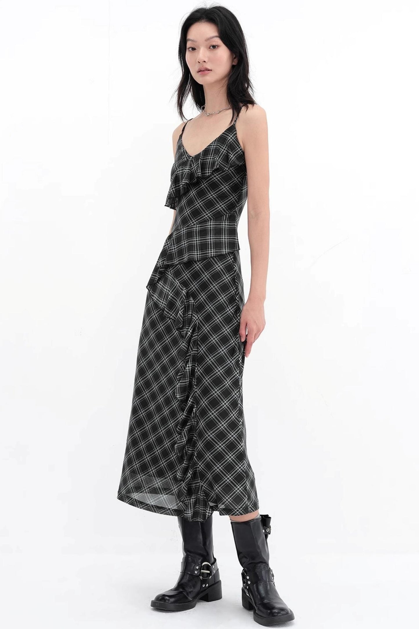 Black Plaid Mesh Halter Dress