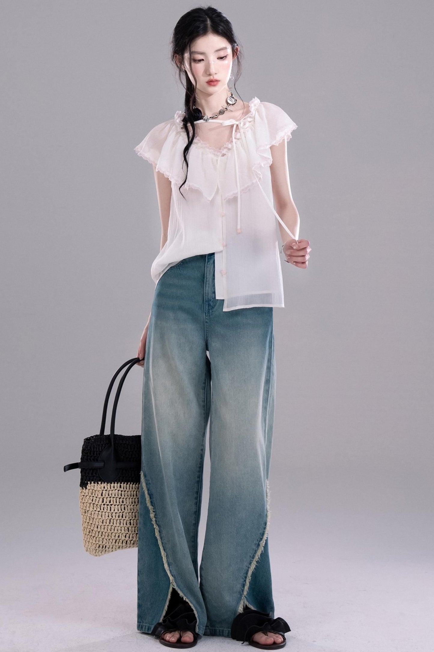 Sea Lace V-Neck Chiffon Top