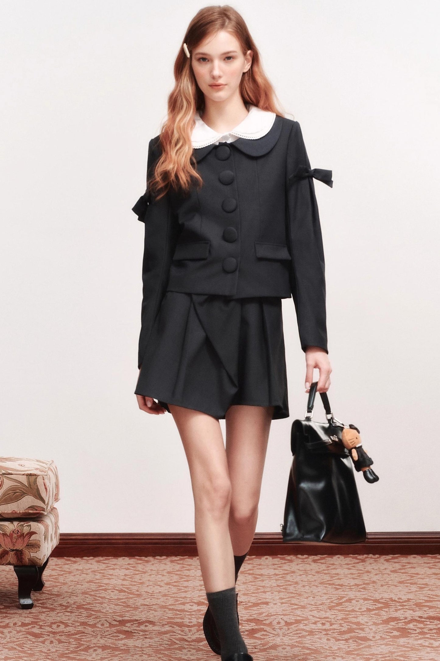 Bow Wool Long Sleeve Trench Coat