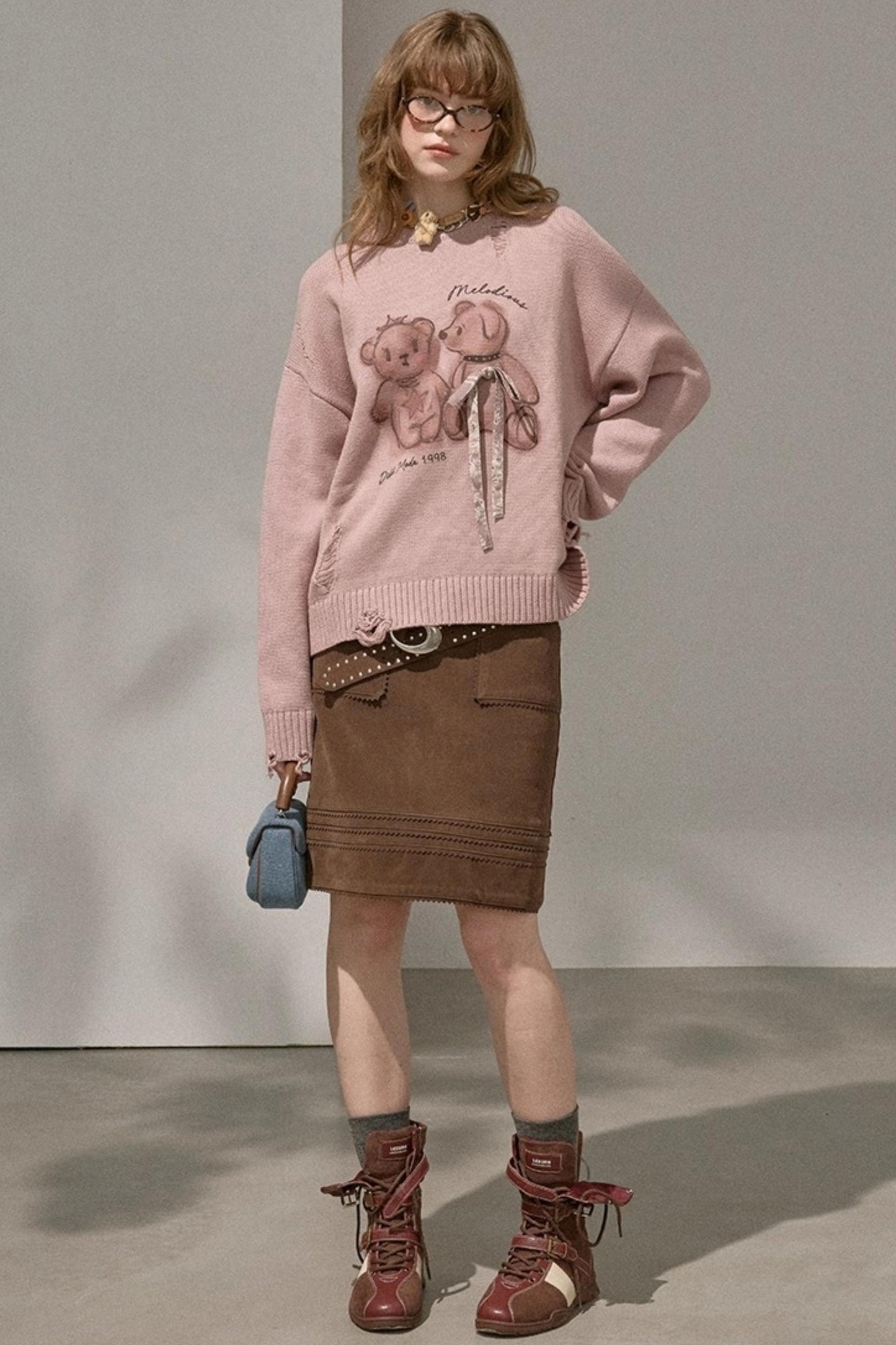 Layering Wave Lace Leather Skirt