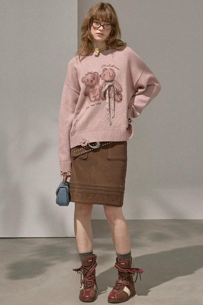 Layering Wave Lace Leather Skirt