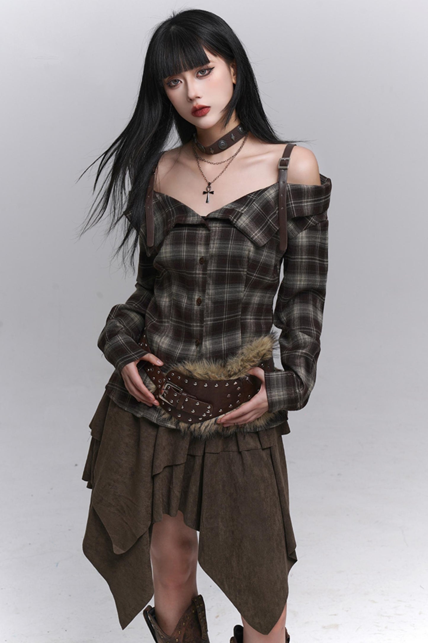 Autumn Check Off Shoulder Top