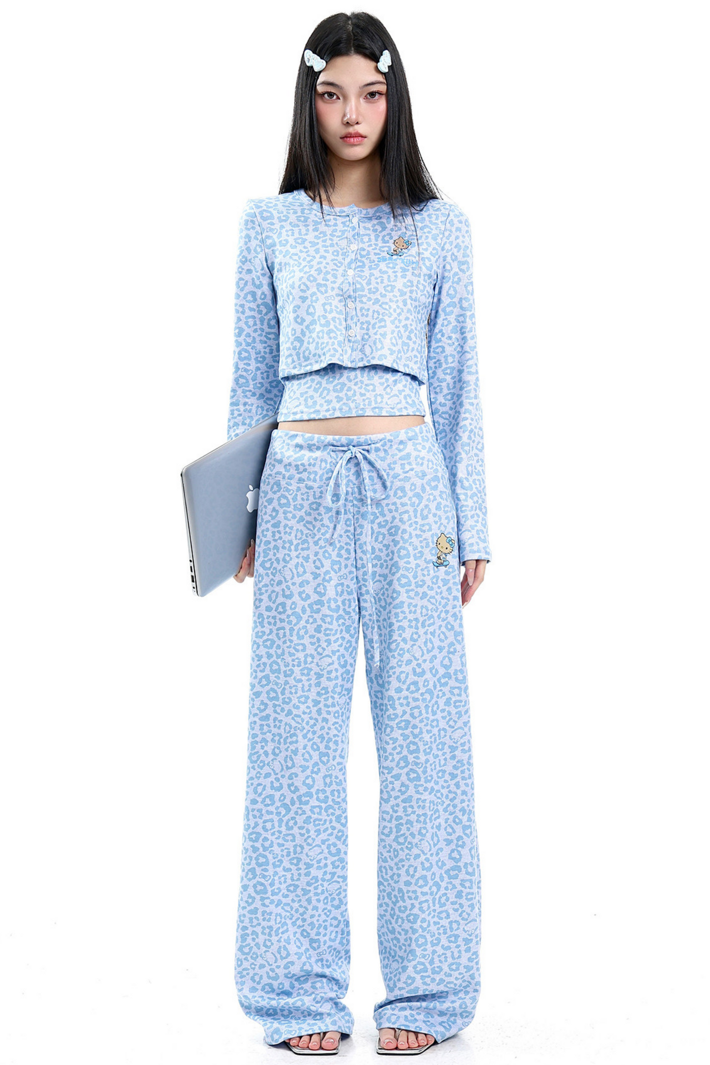 Blue Leopard Three-Piece Cardigan Set-Up