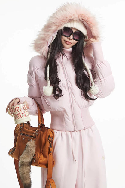 Pink Fur Collar Puffer Jacket