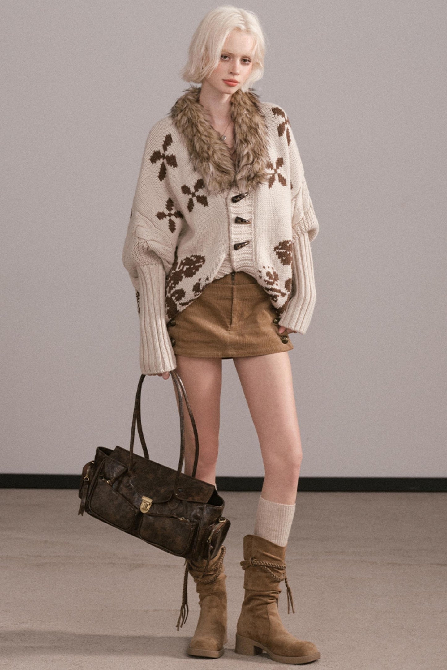 Jacquard Fur Collar Batwing Jacket